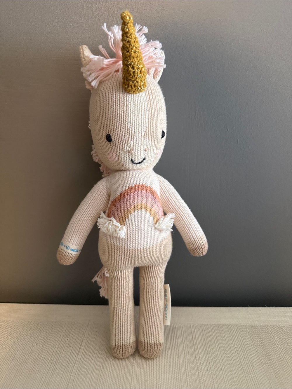 Plush Pink Unicorn Toy with Gold Horn and Rainbow Detail